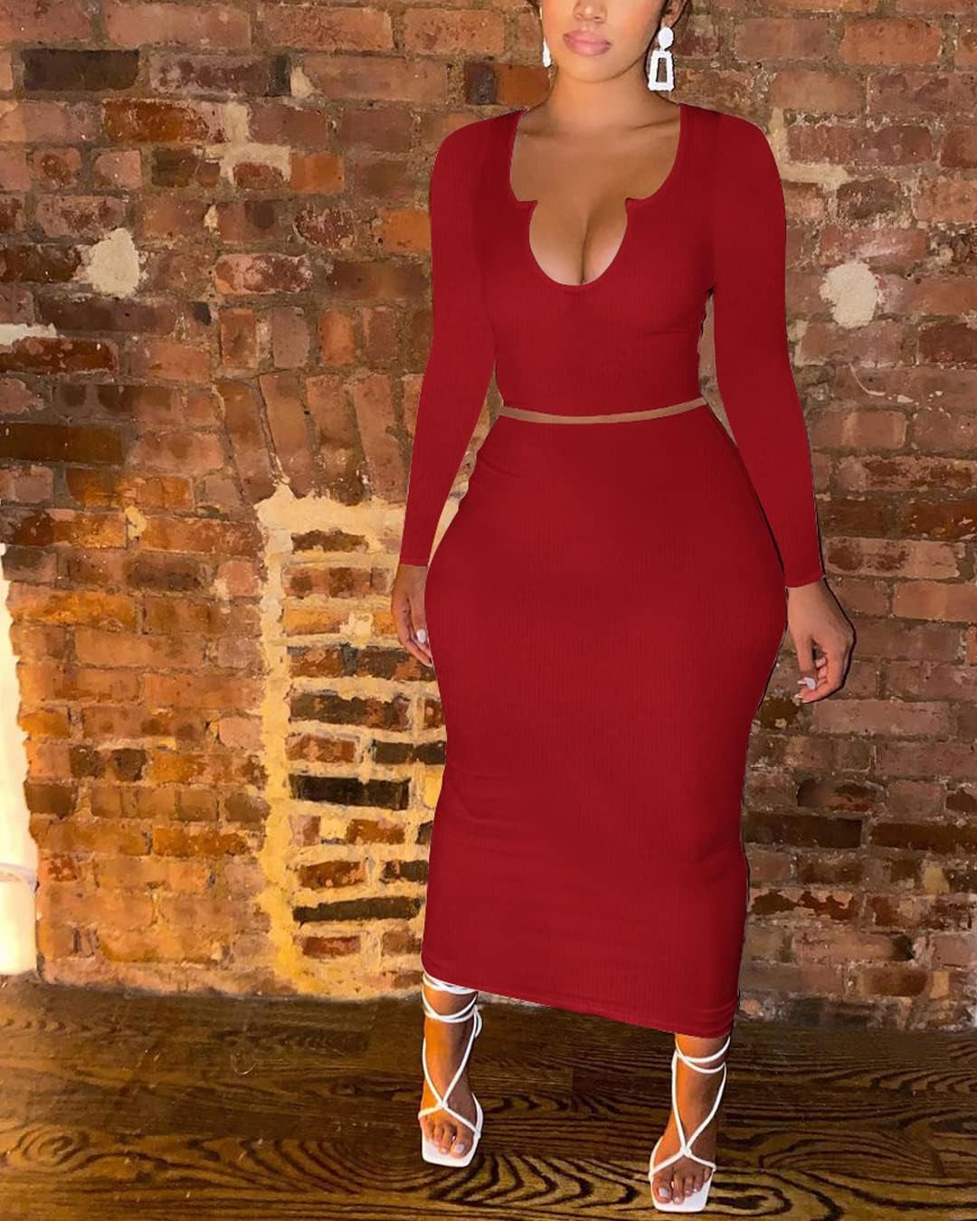 Elevate Your Style with Our Women’s Sexy Two-Piece Skirt Outfits – Long Sleeve & Sleeveless V Neck Bodycon Ribbed Knitted Maxi Dress for Club Parties