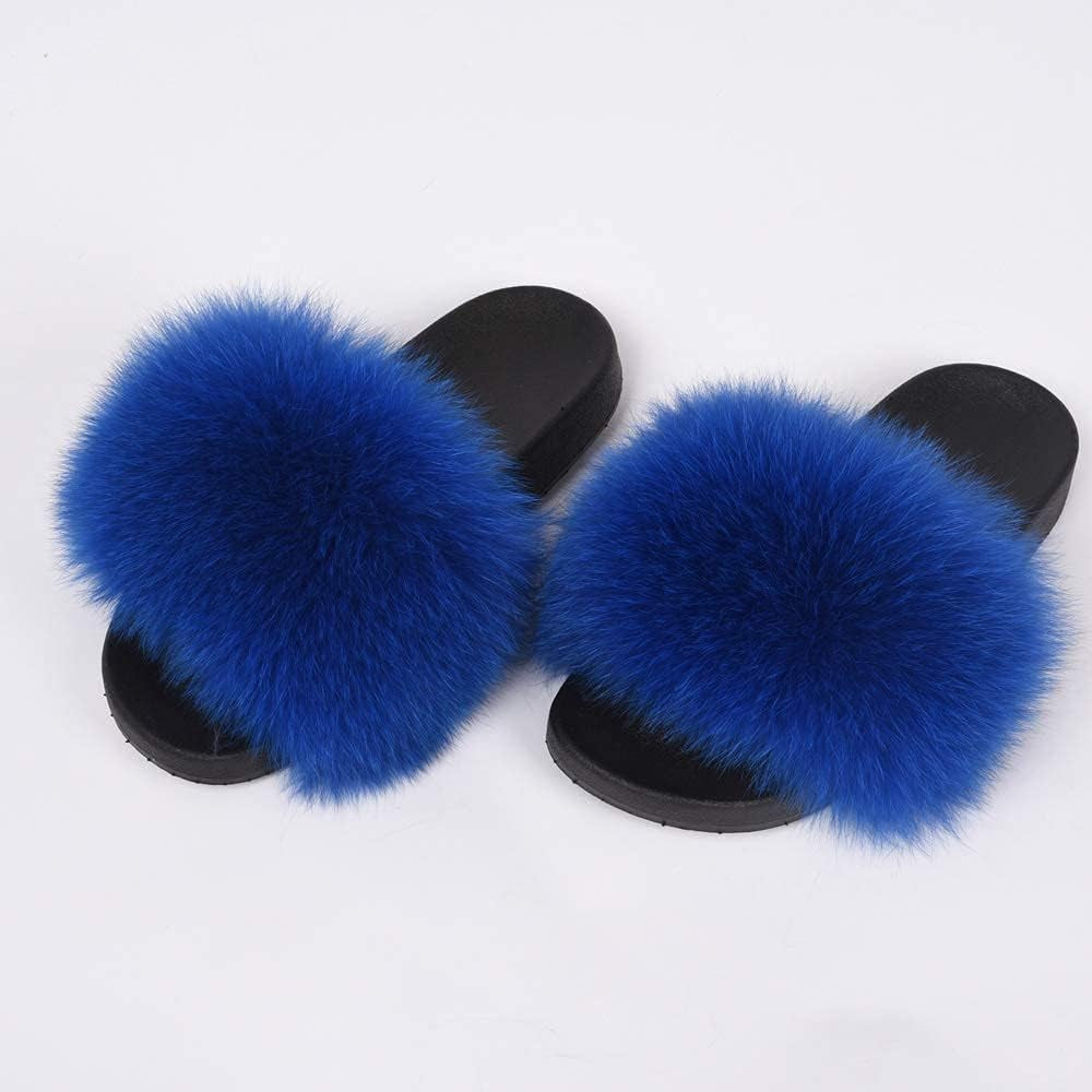 Real Fox Fur Slides for Women - Fluffy Fur Slippers Open Toe Flat Sandals for Outdoor