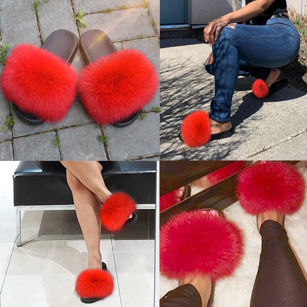 Real Fox Fur Slides for Women - Fluffy Fur Slippers Open Toe Flat Sandals for Outdoor
