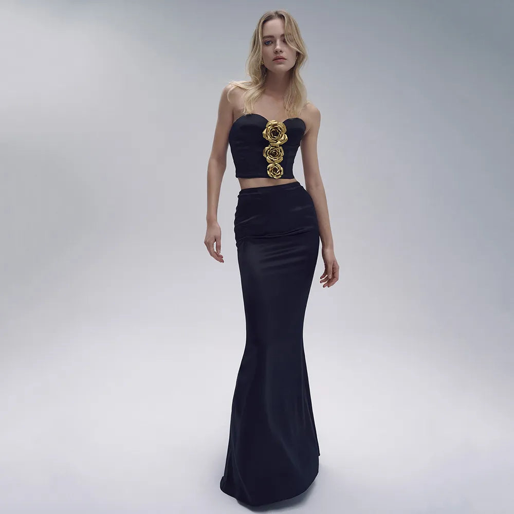 10006 2024 Minlan Style Women'S Two Piece Pants Spring Summer Bandage Dress Black Brand Same Style Two Pieces Sets Long Skirt Empire Crew Neck Meifei