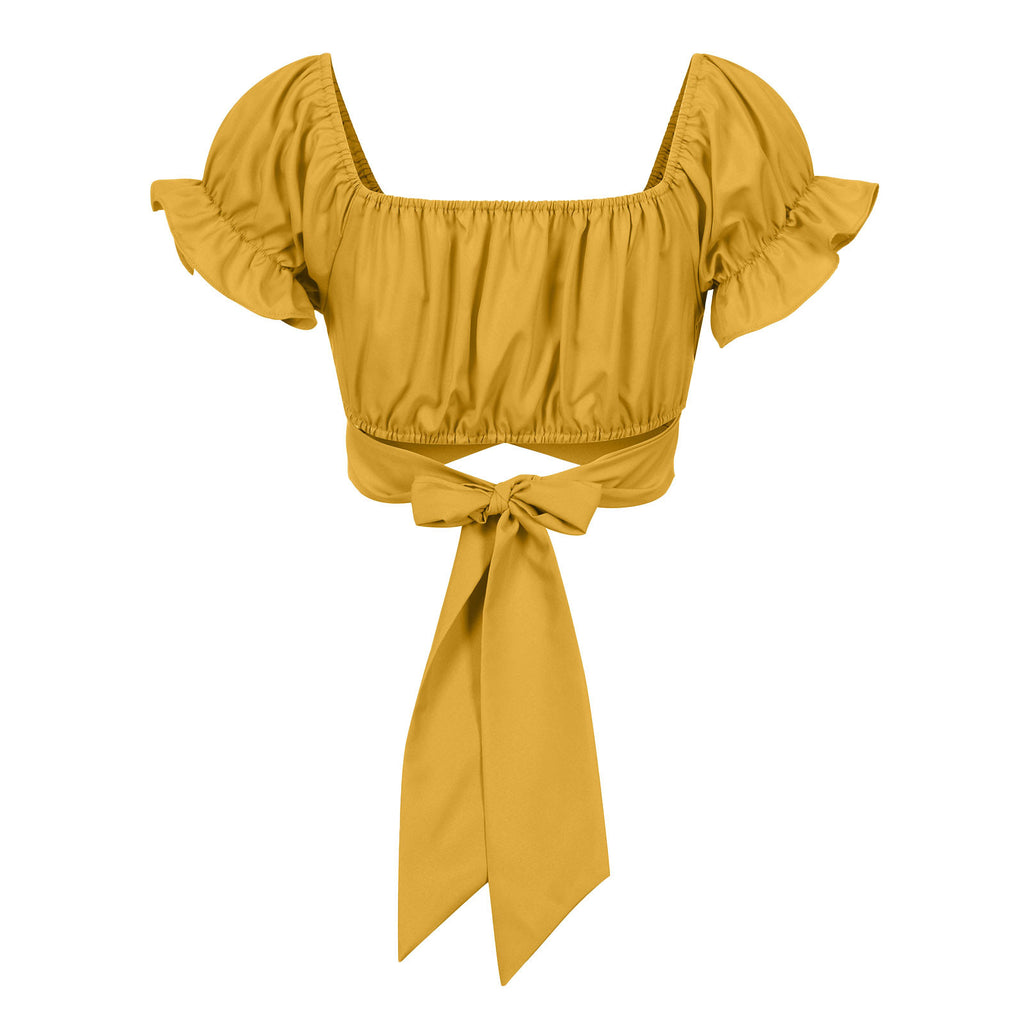 T Shirts for Women Women'S Fashion Ruffle Short Sleeve off Shoulder Tie up Back Crop Blouse Top Womens T Shirts Yellow + L