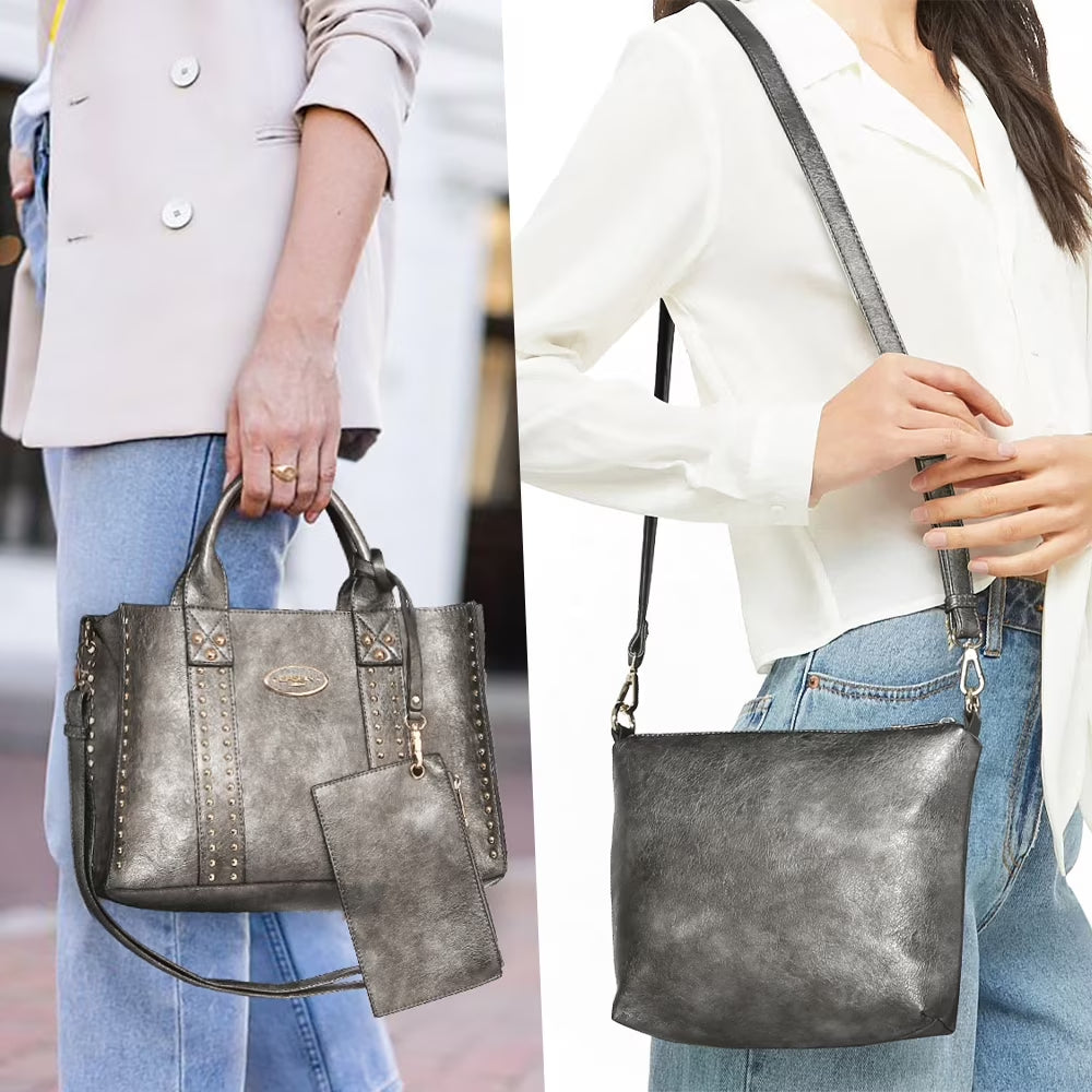 Chic 3-Piece Women's Faux Leather Tote Bag Set - Stylish Work Handbag with Detachable Organizer and Wristlet