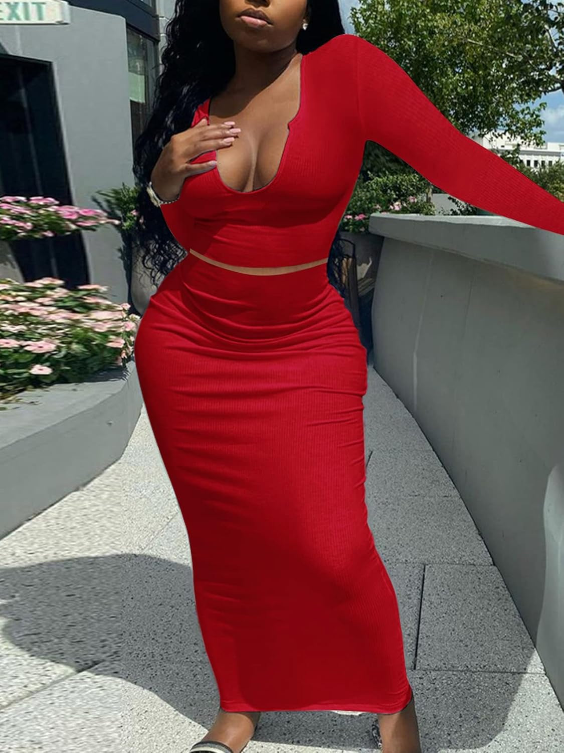 Elevate Your Style with Our Women’s Sexy Two-Piece Skirt Outfits – Long Sleeve & Sleeveless V Neck Bodycon Ribbed Knitted Maxi Dress for Club Parties