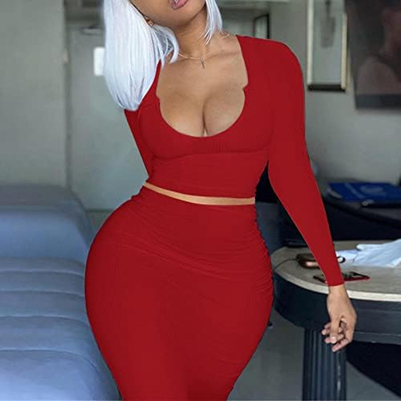 Elevate Your Style with Our Women’s Sexy Two-Piece Skirt Outfits – Long Sleeve & Sleeveless V Neck Bodycon Ribbed Knitted Maxi Dress for Club Parties