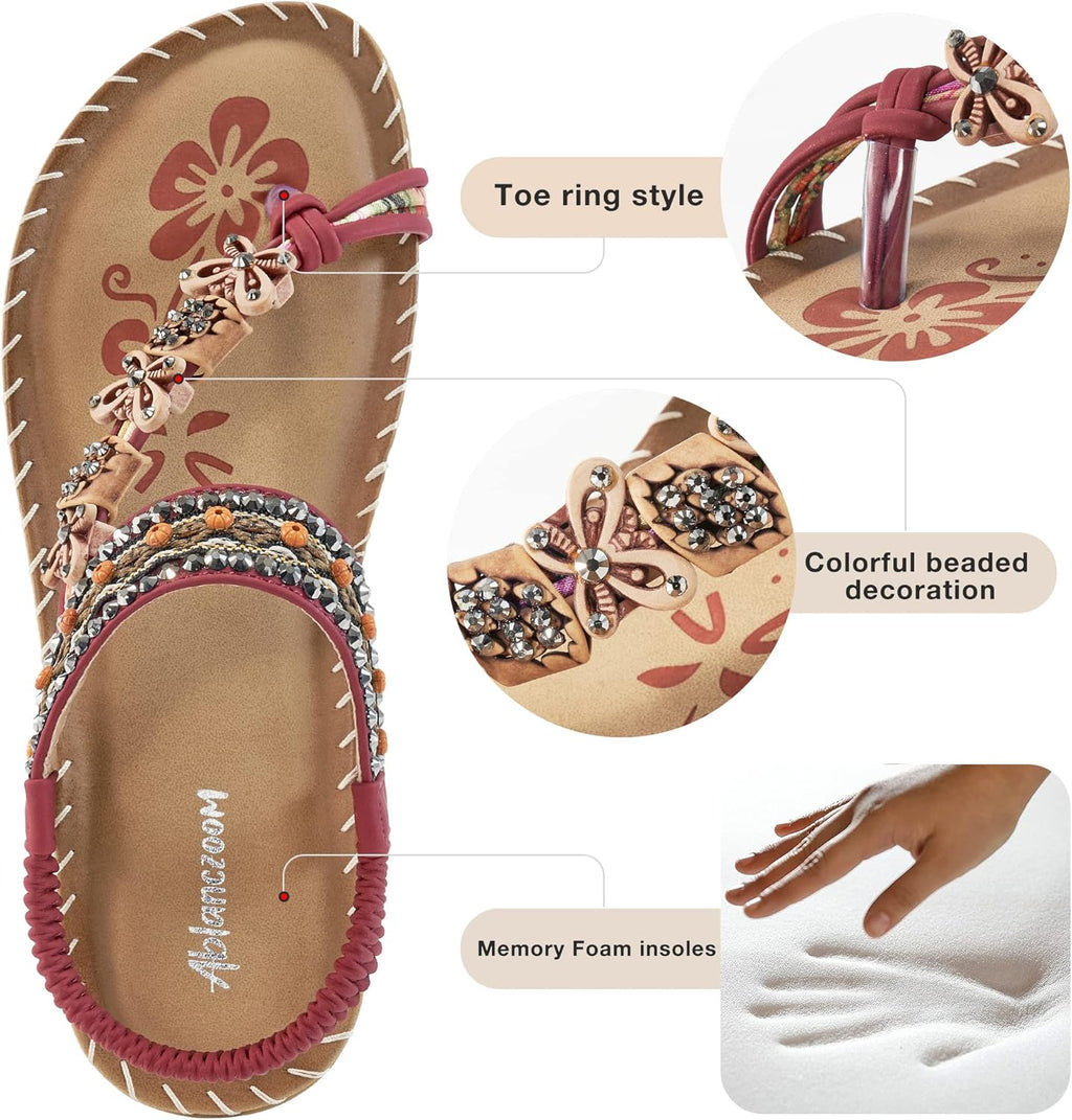 Flat Sandals for Women Summer: Casual Boho Beaded Toe Ring Dress Shoes - Comfortable Vacation Daily Walking Shoes