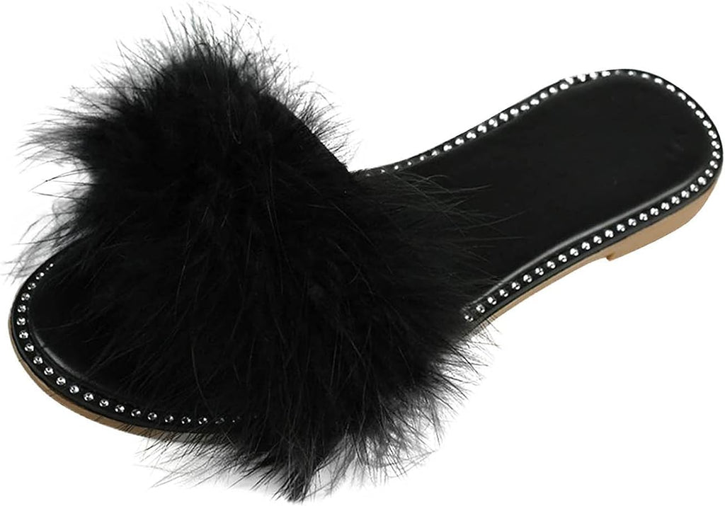 Slippers for Women Indoor,Womens Fur Slippers Slides Open Toe Fuzzy Slippers Girls Fluffy House Slides Outdoor Sandals