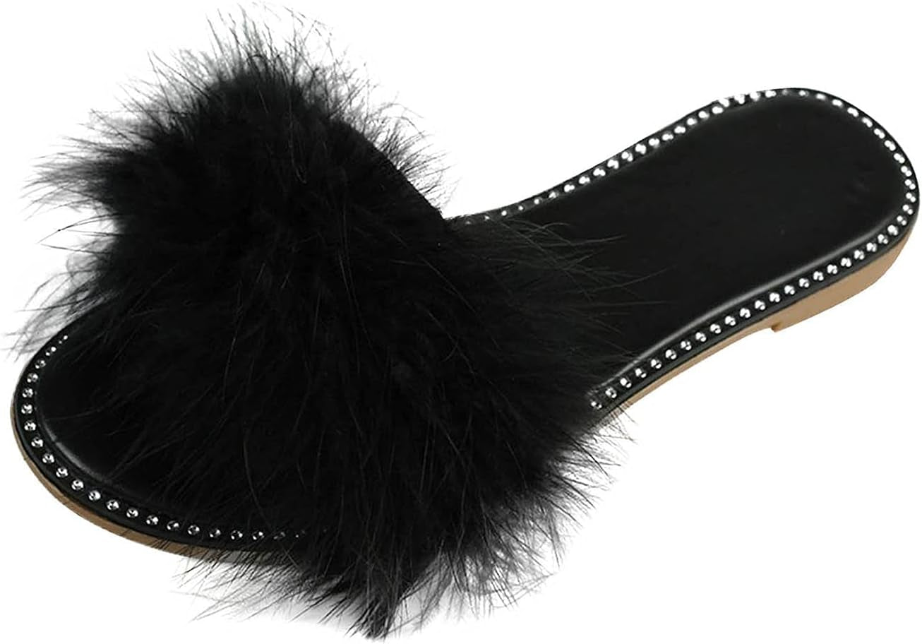 Slippers for Women Indoor,Womens Fur Slippers Slides Open Toe Fuzzy Slippers Girls Fluffy House Slides Outdoor Sandals