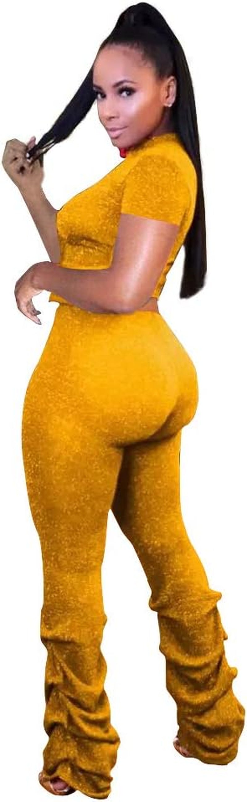 2 Piece Outfits for Women Crop Tops and Pants Sexy Club Outfits Yellow 2XL