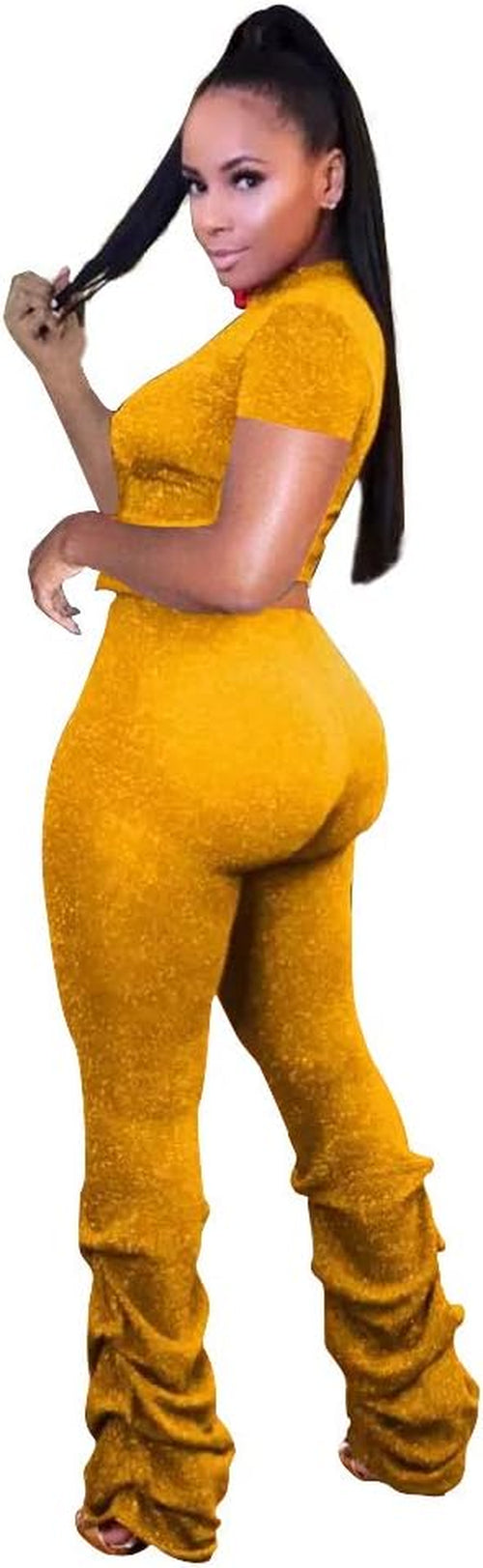 2 Piece Outfits for Women Crop Tops and Pants Sexy Club Outfits Yellow 2XL