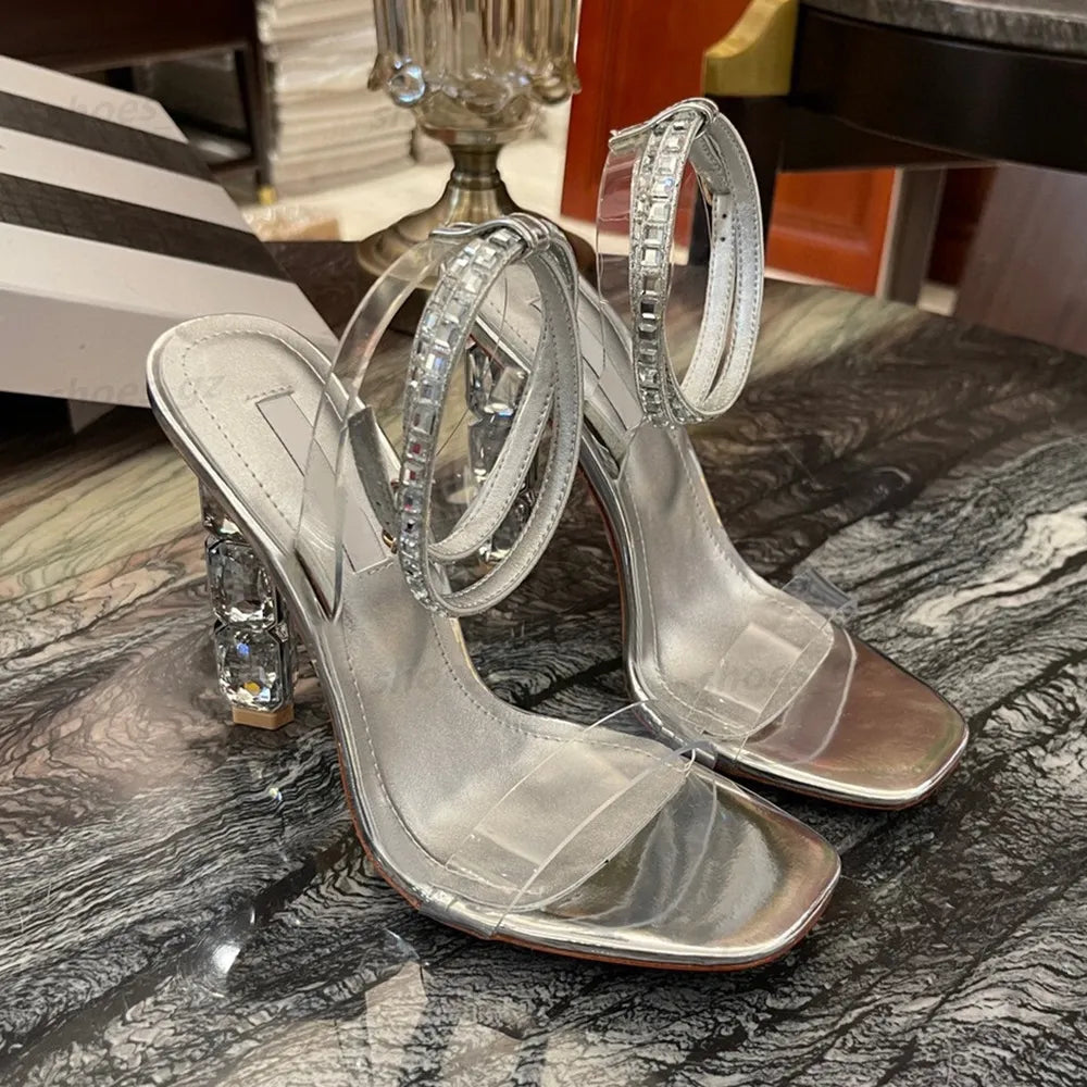 Crystal Heel Sandals Satin 10.5Cm Rhinestone -Encrusted Strap Spool High Heeled Sandal Sky-High Heel for Women Summer Luxury Designers Shoes Party Factory Footwear