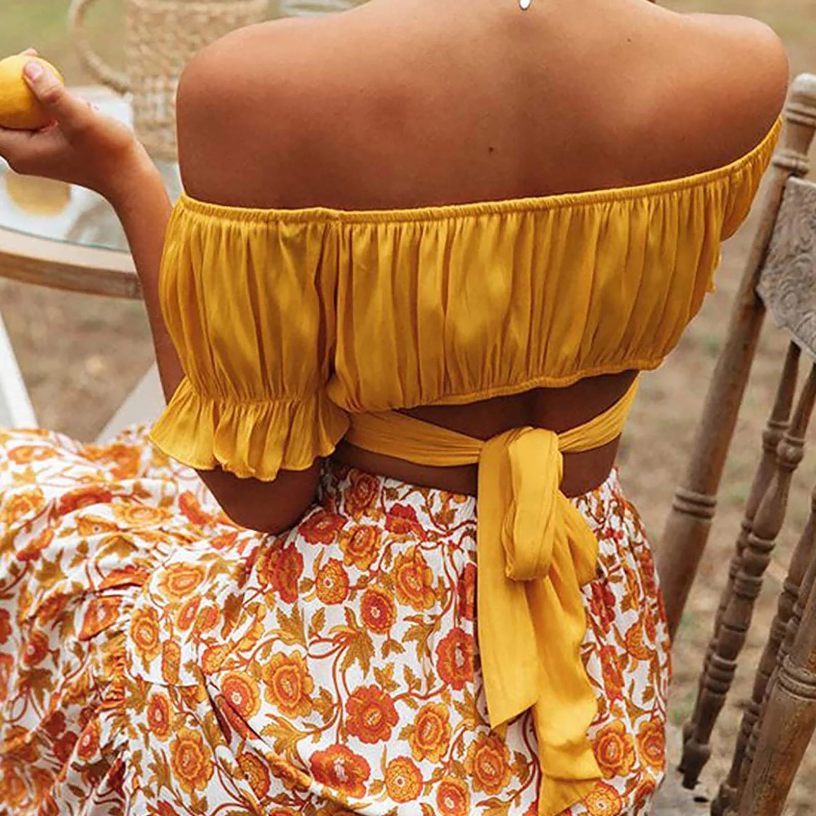 T Shirts for Women Women'S Fashion Ruffle Short Sleeve off Shoulder Tie up Back Crop Blouse Top Womens T Shirts Yellow + L